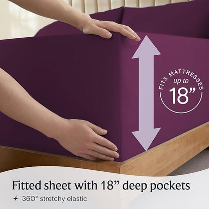 LuxClub 4 PC Full Sheet Set, Breathable Luxury Bed Sheets, Deep Pockets 18" Wrinkle Free Cooling Bed Sheets Machine Washable Hotel Bedding Silky Soft - Eggplant Full