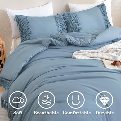 Andency Grayish Blue Comforter Set Queen, 3 Pieces Boho Tassel Lightweight Soft Bedding Comforter Sets, All Season Fluffy Fringe Bed Set (90x90In Comforter & 2 Pillowcases)