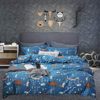 Houseri Blue Bear Twin Comforter Set 3 Pieces Toddler Boys Girls Navy Cartoon Woodland Bedding Sets Comfy Soft Kids Gift Fox Rabbit Forest Animal Painting Breathable Dark Color Bed Quilts Twin Size