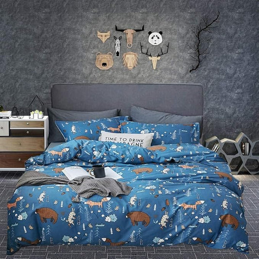 Houseri Blue Bear Twin Comforter Set 3 Pieces Toddler Boys Girls Navy Cartoon Woodland Bedding Sets Comfy Soft Kids Gift Fox Rabbit Forest Animal Painting Breathable Dark Color Bed Quilts Twin Size