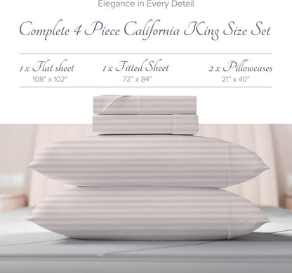 Carressa Linen Luxury Egyptian Cotton California King Stripe Sheet Set, 600 Thread Count Extra Long Staple 4 PC Set, Cal King Stripe Sheets, Soft, Cooling Striped Sheets 16 in Deep Pocket - Ivory