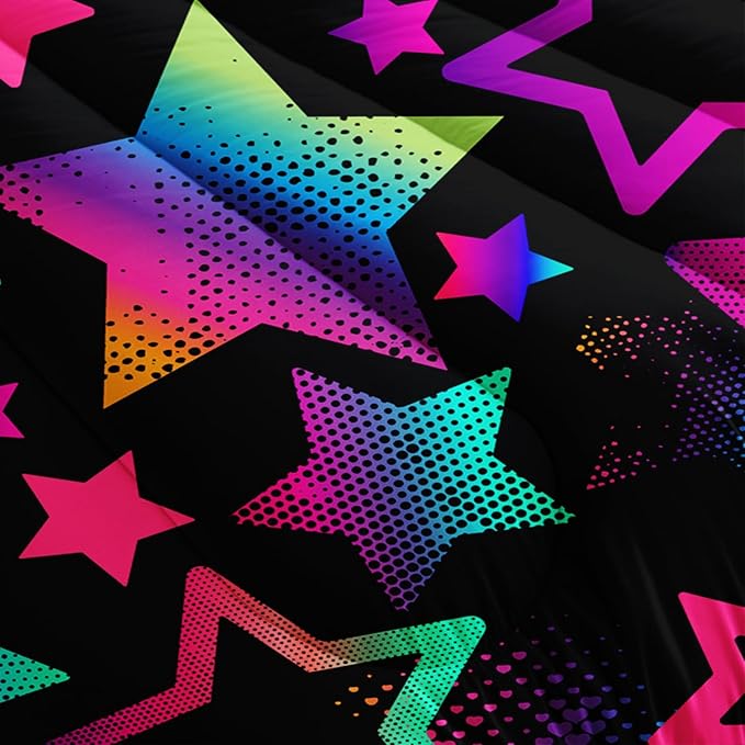 Kawaii Color Star Comforter Set Kids Bedroom Set,Neon Light Star Bedding Full Size Comforter Sets for Boys Girls Room Decor,Aesthetic Bedding Sets with 2 Pillowcases.