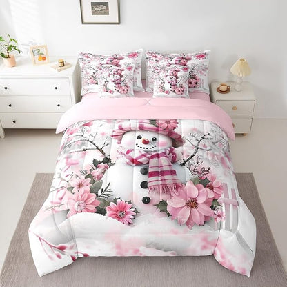 Winter Snowman Comforter Set 7 Pieces,Rustic Cherry Blossom Trees Botanical Bed Set,Farmhouse Decor Bedding Bed in a Bag,King (1 Comforter,2 Pillowcase,2 Pillow Covers,1 Flat Sheet,1 Fitted Sheet)