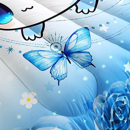 Cartoon Axolotl Bedding Comforter Set Full Size,Cute Ocean Animal Comforter Set for Kids Girls Room Decor,Blue Comforter Set Butterfly Flowers Bedding with 2 Pillowcases.