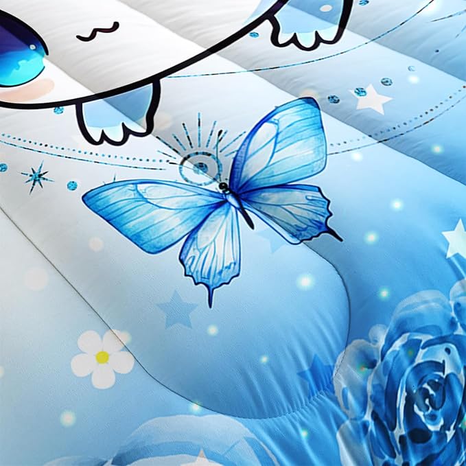 Cartoon Axolotl Bed Comforter & Bedding Set, Queen Size, Blue with Butterfly & Flowers Pattern, Includes 2 Pillowcases