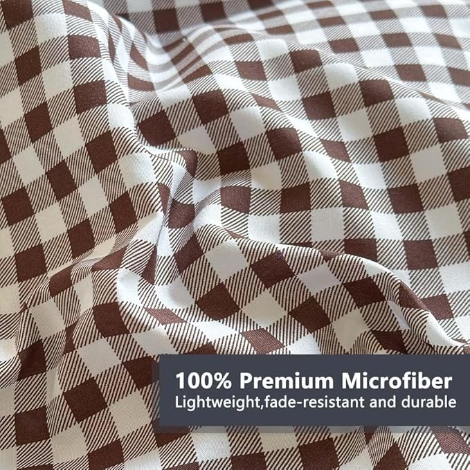 NSNLGSGC Mocha Ruffle Gingham Comforter Set Queen, Pre-Washed Ruffled Coffee Plaid Checked Comforter Bedding, 3 Pieces Vintage Farmhouse Grid Bedding Set(Mocha Gingham, Queen)