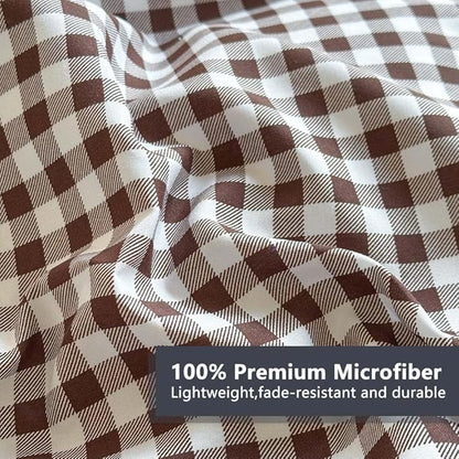 NSNLGSGC Mocha Ruffle Gingham Comforter Set King, Pre-Washed Ruffled Coffee Plaid Checked Comforter Bedding, 3 Pieces Vintage Farmhouse Grid Bedding Set(Mocha Gingham, King)