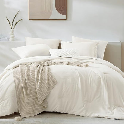 WRENSONGE Full Size Comforter Set- 7 Pieces White Bed in a Bag Full Size Comforter with Fitted Sheet, Flat Sheet, 2 Pillow Shams, 2 Pillowcases, Warm Bedding Sets for All Season