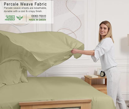 RUVANTI 100% Cotton Sheets – King Size Percale Bedding, Cooling & Breathable, Durable with a Crisp, Soft & Comfortable Feel, 16" Deep Pocket, 4-Piece Set, Sage Green