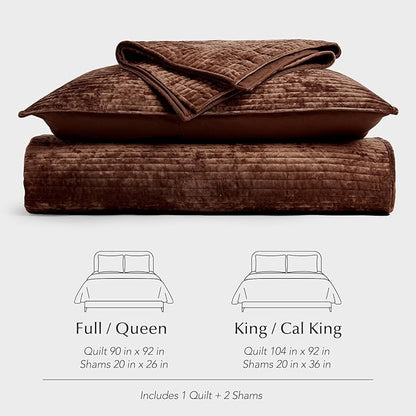 EVERGRACE Velvet Quilt Set King Size, Luxurious Soft Quilted Bedding Sets, Lightweight Velvet Comforter for All Season, Striped Channel Bedspread Coverlet with 2 Shams, Rust Brown