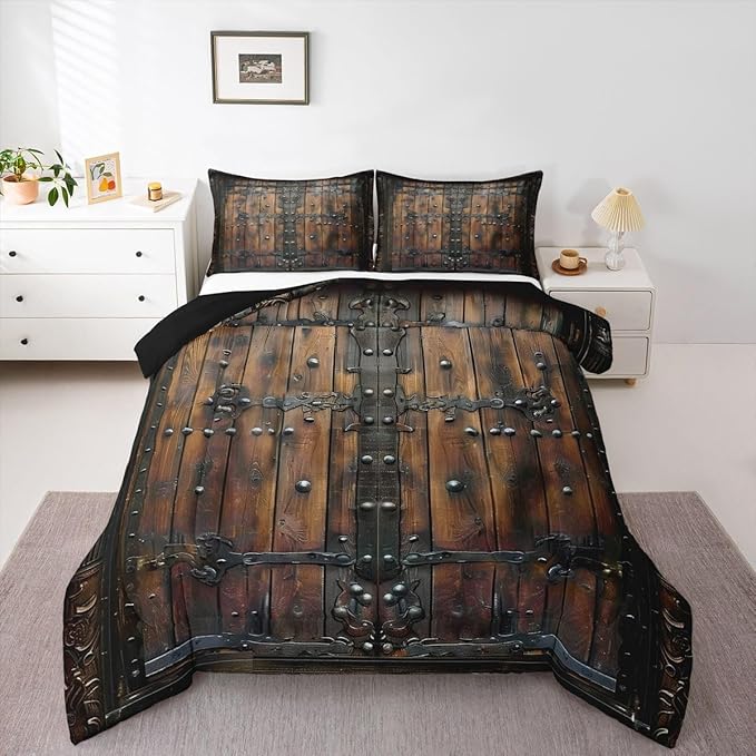 Medieval Themed Boys Kids Comforter Set Full Size,Retro Wooden Board Duvet Set Room Decor,Castle Knight Wall Brushed Microfiber Soft Bedding Comforter 3 Pcs