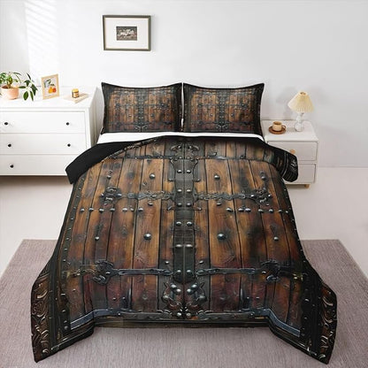 Medieval Themed Boys Kids Comforter Set Full Size,Retro Wooden Board Duvet Set Room Decor,Castle Knight Wall Brushed Microfiber Soft Bedding Comforter 3 Pcs