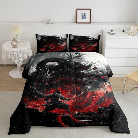 Feelyou Dragon Comforter Set Toddler Size Japanese Style Comforter for Boys Girls Teens Samurai Bedding Set Dragon Decor Duvet Set Room Decor Black Red Quilt Set