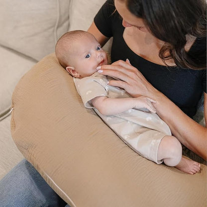 Konssy Muslin Nursing Pillow Covers, Soft and Cute Nursing Covers for Breastfeeding Pillows, Ideal for Newborn Baby Boys and Girls (Camel, Moon) - 2 Pack