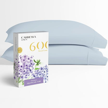 Carressa Linen 100% Egyptian Cotton Pillow Cases Queen Size Set of 2 - Luxury 600 Thread Count Light Blue Standard/Queen Size Pillowcases, Silky Soft, Cooling Sateen Weave Hotel Quality Pillow Cover