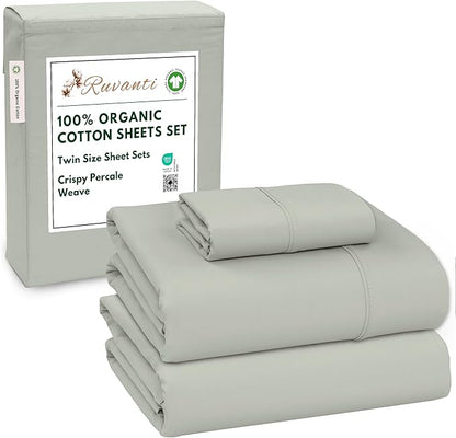 RUVANTI 100% Organic Cotton Sheets Twin Size, Percale Weave, GOTS Certified, 3-Piece Set, Deep Pocket 15", Crisp & Breathable, Soft Durable Bedding, Sábanas Algodón Orgánico – Mineral Gray