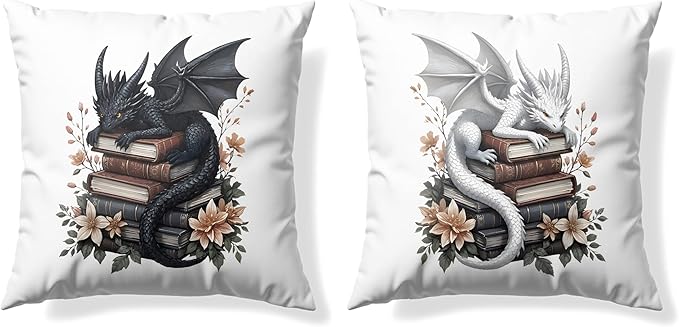 Vintage Magical Black White Dragon Reading Book Decorative Throw Pillow Covers 18x18 Set of 2, Fantasy Room Decor for Kids, Gamers, and Bookworms,Reading Nook Decor, Gifts for Bookworm Readers