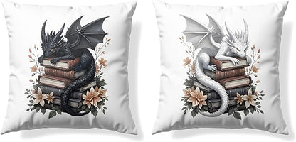 Vintage Magical Black White Dragon Reading Book Decorative Throw Pillow Covers 18x18 Set of 2, Fantasy Room Decor for Kids, Gamers, and Bookworms,Reading Nook Decor, Gifts for Bookworm Readers