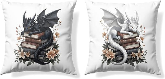 Vintage Magical Black White Dragon Reading Book Decorative Throw Pillow Covers 18x18 Set of 2, Fantasy Room Decor for Kids, Gamers, and Bookworms,Reading Nook Decor, Gifts for Bookworm Readers