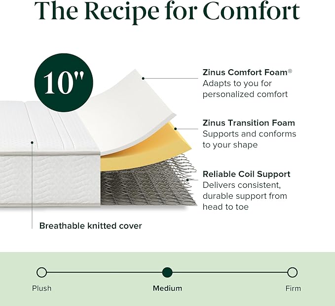 Zinus 10 Inch Foam and Spring Hybrid Mattress [New Version], Twin, Fiberglass Free, Medium Firmness, Durable Support, Certified Safe Foams & Fabric, Mattress in A Box
