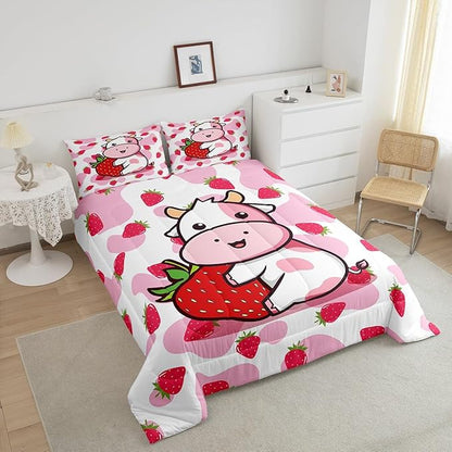 Feelyou Milk Cow Comforter Pink White Cow Strawberry Pattern Comforter Set Bedding Set for Kids Adults Kawaii Girls Milk Cow Duvet Set Ultra Soft Room Decor Full Size Quilt Set