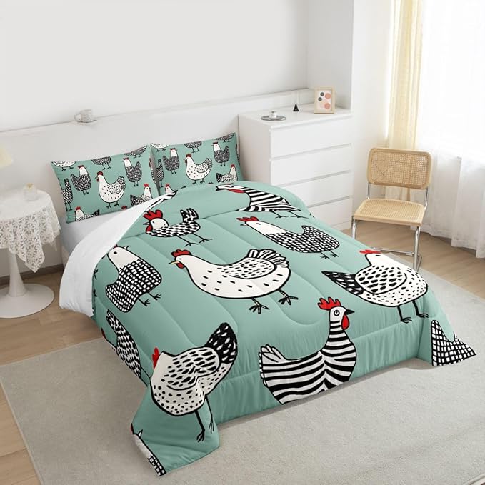 Erosebridal Chicken Comforter, Cartoon Chick Bedding Set, Cute Farmhouse Animal Down Comforter Twin Size, Teal Black Quilted Duvet Lightweight Bedroom Decor for Kids Boys Girls, 1 Pillow Case