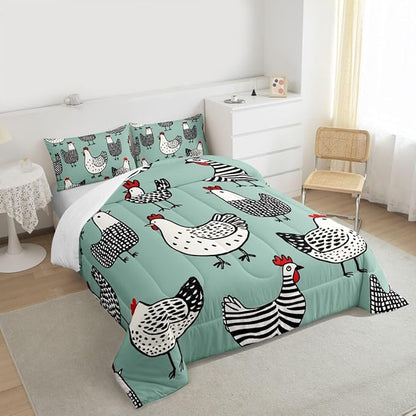 Erosebridal Chicken Comforter Set, Cartoon Chick Bedding Set King Size, Cute Farmhouse Animal Down Comforter for Children Young, Teal Black Bedding Sets & Collections Warm Soft Bedroom Decor