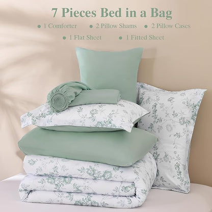 Luxudecor Floral King Comforter Set 7 Pieces Bed in a Bag, Green Rose Romantic Flower Bed Set, Soft Reversible Comforter with Sheet Set 104"x90"