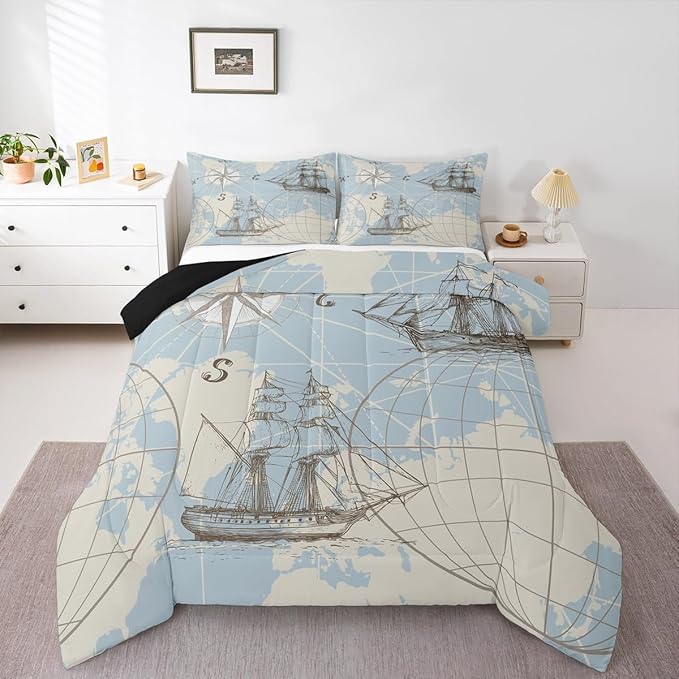 Nautical Queen Comforter Set, Retro Sailboat Bedding Set for Boys Girls Kids Teens, World Map Sketch Down Comforter, Vintage Anchor Compass Duvet Set, Yacht Ship Kids Comforter Sets, White Blue 3Pcs