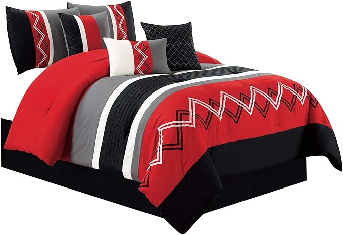 Chezmoi Collection Arden 7-Piece Modern Pleated Stripe Embroidered Zigzag Bedding Comforter Set (Oversized King, Red/Black/Gray/Off-White)