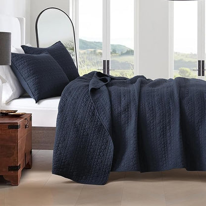 HORIMOTE HOME Navy Quilt Set King Size, Lightweight Soft Pre-Washed Microfiber Circle Pattern Bedspread Coverlet, 3 Pieces Quilt Bedding Set with Pillow Shams for All Season, 106x96 inches