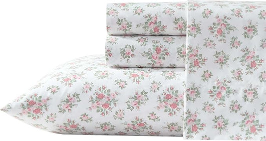 Laura Ashley - Sheets, Cotton Percale Bedding with Matching Pillowcases, Crisp & Breathable, Deep Pocket, Fully Elasticized (Leanna Rose Pink, Full)