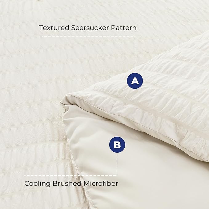 HYMOKEGE Ivory Duvet Cover Full Size, Ultra Soft 3-Piece Seersucker Duvet Cover Set with Zipper Closure, Soft Brushed Microfiber Bedding Set with 8 Corner Ties (80"x90", 2 Pillowshams)