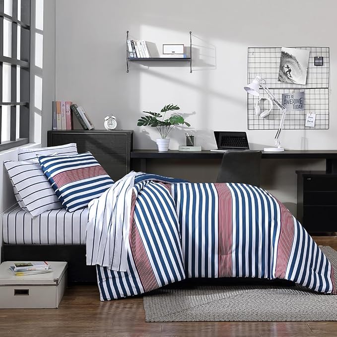 Nautica - Twin/Twin XL Comforter Set, Super Soft Woven Bedding with a Medium-Weight Feel for Year Round Use, 2 Piece Bed Set with Matching Pillowcase (Kennedy Stripe Navy)