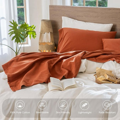 MooMee Bedding Sheet Set 100% Washed Cotton Linen Like Textured Breathable Durable Soft Comfy (Solid Rust Brown, Full)