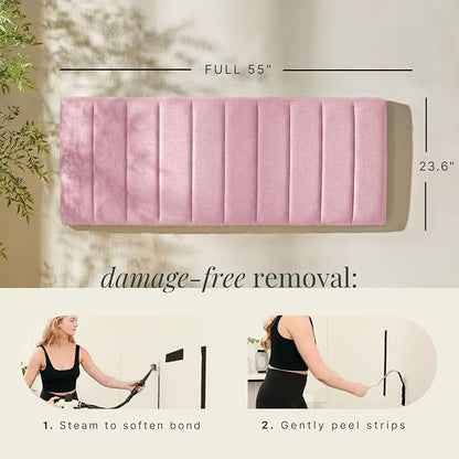 Hearth & Harbor Wall Mounted Full Headboard Only, Bed Headboard Full Size | Easy Assemble, Floating Peel and Stick, Upholstered, Channel Stitched, 3D Wall Panels, 5 Strips of 3M Tape Included, Pink