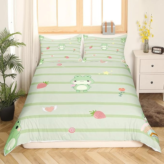 Cute Frog Bedding Set for Kids,Pink Strawberry Sweet Fruits Comforter Cover with Zipper Closure,Light Green Frogs Stripes Bedding Set Twin Size,Boys Girls Ultra Soft Quilt Cover,No Comforter