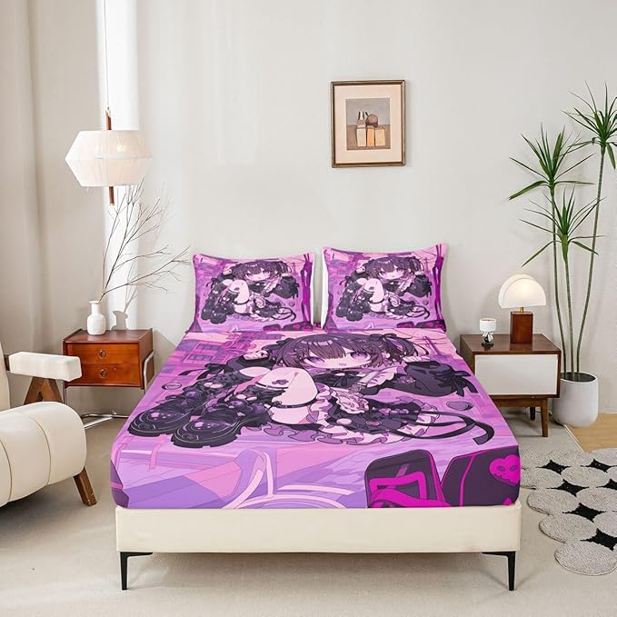 Erosebridal Kawaii Anime Girl Fitted Sheet Full 3D Japanese Style Bed Sheets for Boys Girls Uniform Girls Bed Set Girly Anime Gift Sheets with 2 Pillowcases