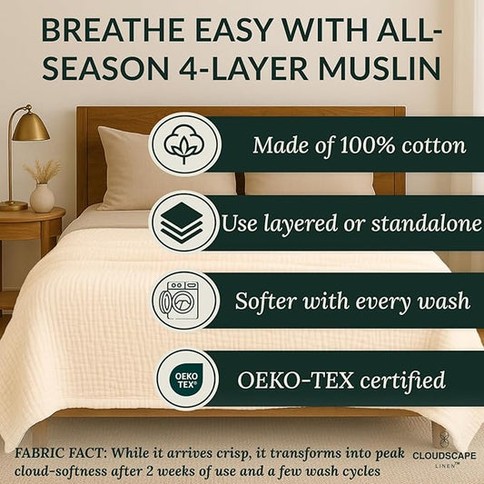CLOUDSCAPE 100% Cotton Muslin Blanket King Size for Bed - Oversized 4 Layer 108x92 Fits Cal King Bed - Soft Breathable, Gauze, Lightweight, All Season, Summer Layering Blankets for Adults- Ivory
