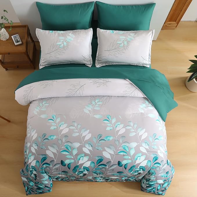 Anibedding Teal Green Floral Comforter Set Queen, 7 Piece Green Botanical Gradient Leaves Ultra Soft Microfiber Down Alternative Bedding Set with Sheets and Bedroom for All Season