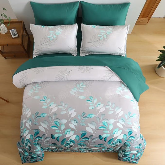 Anibedding 7 Pieces Teal Green King Bed in a Bag Set, Green Botanical Gradient Leaves Ultra Soft Microfiber Down Alternative Bedding Set with Sheets and Bedroom for All Season