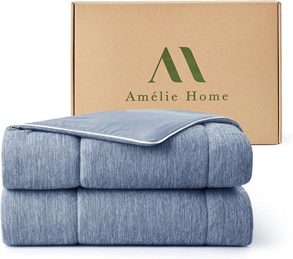 Amélie Home Cooling Comforter Twin Size, Dual-Sided Lightweight Cooling Blanket for Hot Sleepers, Q-Max 0.43 Breathable Cooling Quilt for Night Sweats, 68" x 90", Heather Denim Blue