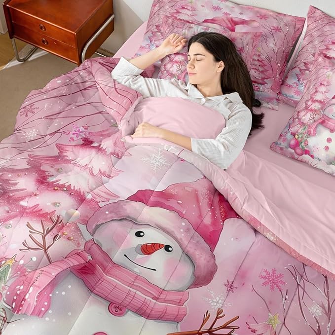 Castle Fairy Kawaii Snowman 7 Pieces Comforter Sets Full,Dreamy Pink Christmas Trees Bedding Set for Kids Girls Bedroom Decor,Cute Winter Snowflake Bed in a Bag with Comforter,Sheets and Pillow Cases