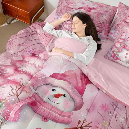 Castle Fairy Kawaii Snowman 7 Pieces Comforter Sets Full,Dreamy Pink Christmas Trees Bedding Set for Kids Girls Bedroom Decor,Cute Winter Snowflake Bed in a Bag with Comforter,Sheets and Pillow Cases
