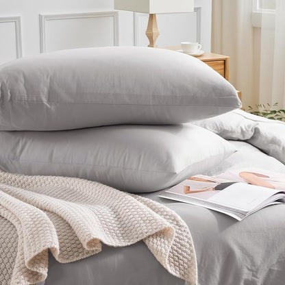 NEXHOME PRO Duvet Cover Set Queen Size Linen Feel Textured Organic Natural 100% Washed Cotton Duvet Cover 3 Pieces Bedding Set with Zipper Closure, Breathable, Soft, Light Grey (No Comforter)