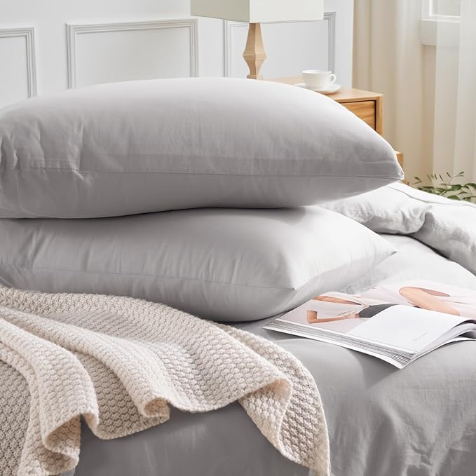 NEXHOME PRO Duvet Cover Set 100% Washed Cotton Full Size Linen Feel Textured Organic Natural 3 Pieces Bedding Set with Zipper Closure and Corner Ties, Breathable and Soft (Light Grey, No Comforter)