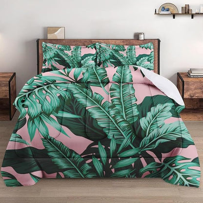 Queen Size Comforter Set with 2 Pillowcases, Tropical Green Leaves Pink Leaf Soft 3 Pcs Bedding for Kids and Adults Bedroom Bed Decor