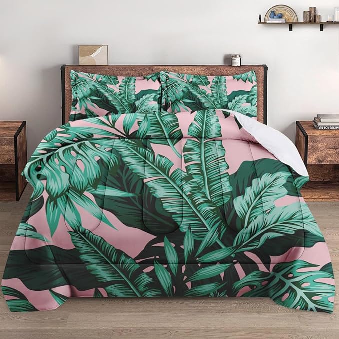 Full Size Comforter Set with 2 Pillowcases, Tropical Green Leaves Pink Leaf Soft 3 Pcs Bedding for Kids and Adults Bedroom Bed Decor