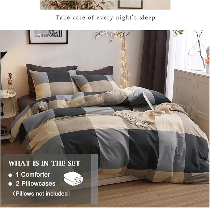 VM VOUGEMARKET Full Comforter Set,3 Pieces Black Gray Plaid Bedding Comforter with 2 Pillowcases Modern Simple Checkered Comforter Set for Teens Boys Men-80x90 Inch