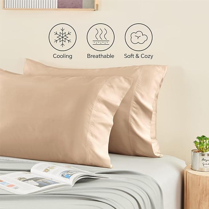 BEDELITE Pillow Cases Standard Size Set of 2, Rayon Derived from Bamboo, Cooling Pillow Cases for Hot Sleepers & Night Sweats, Breathable and Silky Soft Envelope Pillowcases(Taupe, 20"x26")